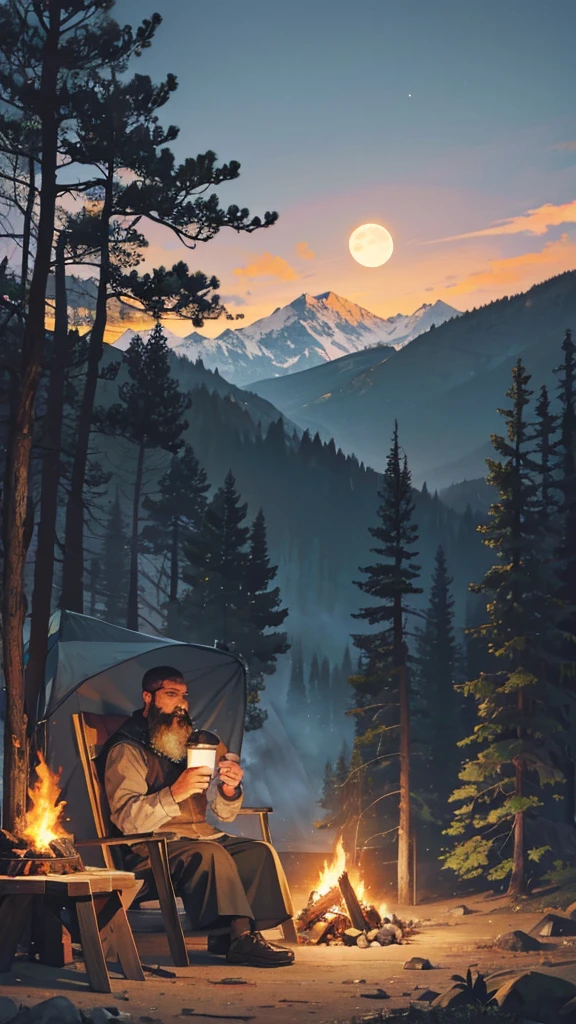 A place with mountains and forests in the background, the full moon appearing and a lit camping tent and a bearded man sitting on a wooden chair., having a coffee by a campfire