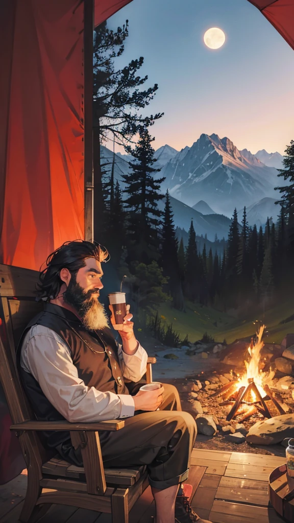 A place with mountains and forests in the background, the full moon appearing and a lit camping tent and a bearded man sitting on a wooden chair., having a coffee by a campfire