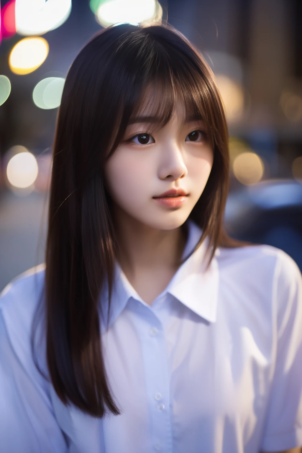 Very detailed super high quality super high quality surreal photograph Japanese women Fair skin 18 years old ((Half-open lips:1.3)) Beautiful and soft skin ((Beautifully styled straight short hair)) Beautiful and perfect body (very cute:1.3) Beautiful young man with clear skin々New Skins (High school girl in shirt) Everyday City Busy city ((night)) audience'perspective Front view (Browsing Caution:1.2)) (Amazingly cute girl:1.3) (Portraiture) The gaze of the men、Mouth mask,Photo quality,High pixel count,Raw photo,Life-like image quality,The belly button and the surrounding area are exposed,Are thin,Tiny breasts,Beautiful nipples,A beautiful girl,