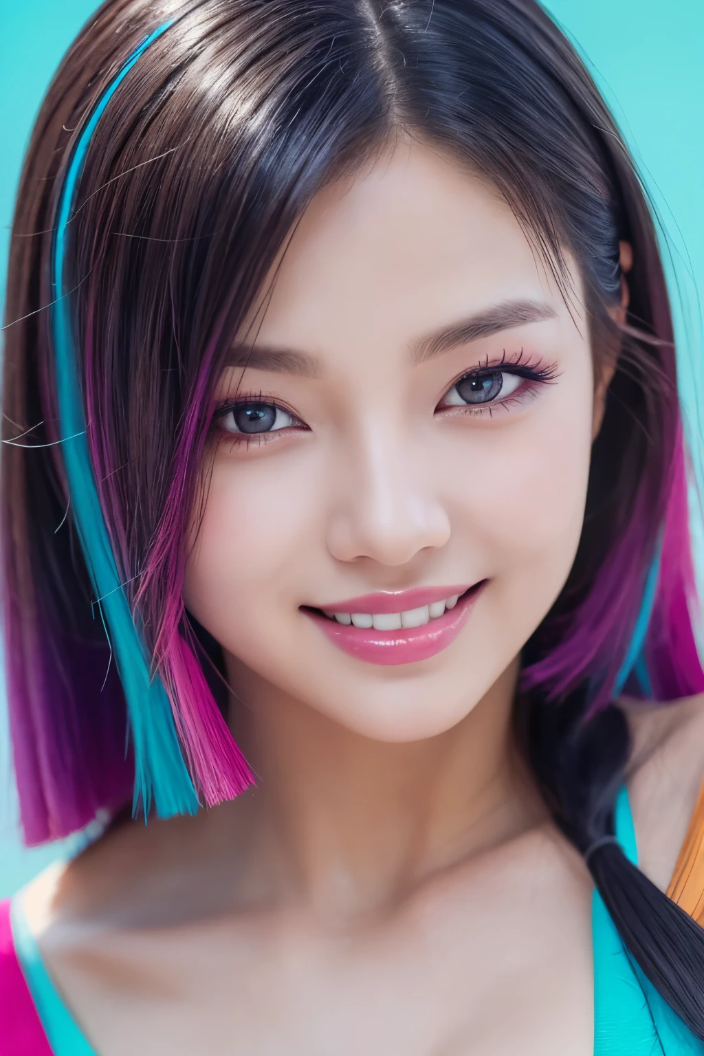 high quality, real、High resolution, Realistic、8k、masterpiece, detailed.impressive, Cutting-edge female photography portraits, Mini Bikini、Soft look、smile、Mid Shot、Looking at the camera、Facing forward、cyan, and purple, Her vibrant makeup really catches the eye.. Her colorful hair is tied up high、Various hair colors