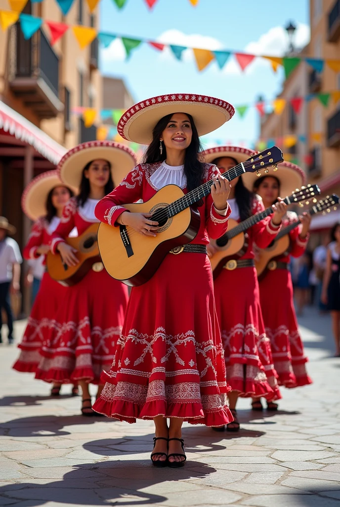 Mariachi made up of women dressed in and high-heeled sandals standing full-body in a public square
