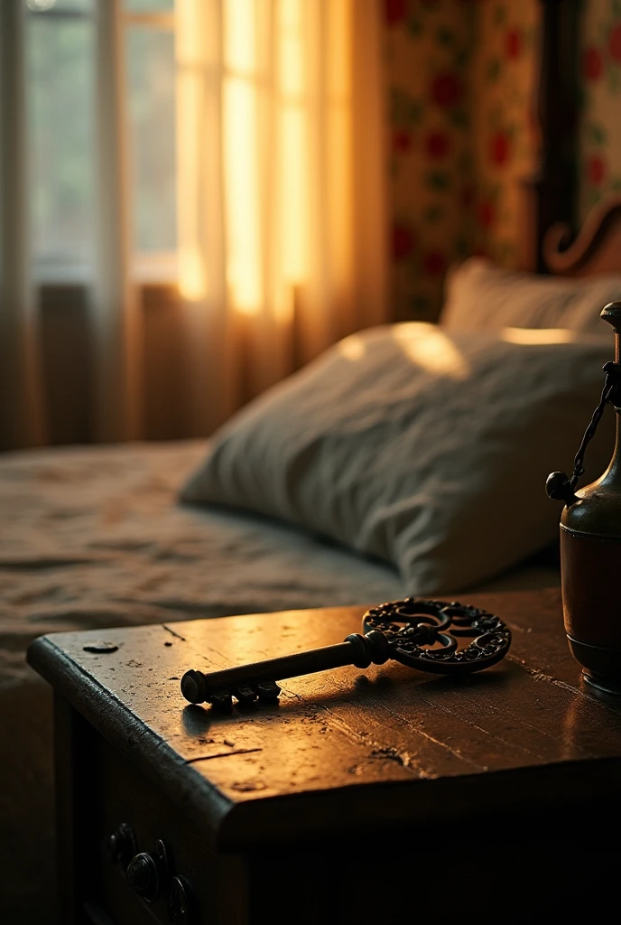 Old key on top of a nightstand