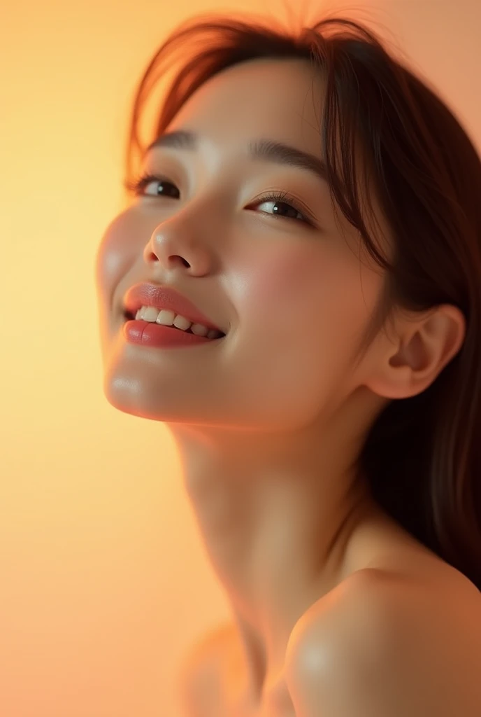 Japanese、Natural Skin、Flawless, She has smooth skin and a gentle yet seductive expression.、Design a breathtaking female close-up. The lips are soft and slightly curved., A smile that is barely visible suggests something deeper, Inner confidence. She tilts her head upwards, It gives an elegant and calm impression.. Use a warm color gradient for the background, Emphasize her elegance."
