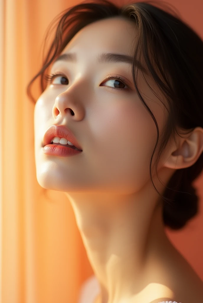 Japanese、Natural Skin、Flawless, She has smooth skin and a gentle yet seductive expression.、Design a breathtaking female close-up. The lips are soft and slightly curved., A smile that is barely visible suggests something deeper, Inner confidence. She tilts her head upwards, It gives an elegant and calm impression.. Use a warm color gradient for the background, Emphasize her elegance."