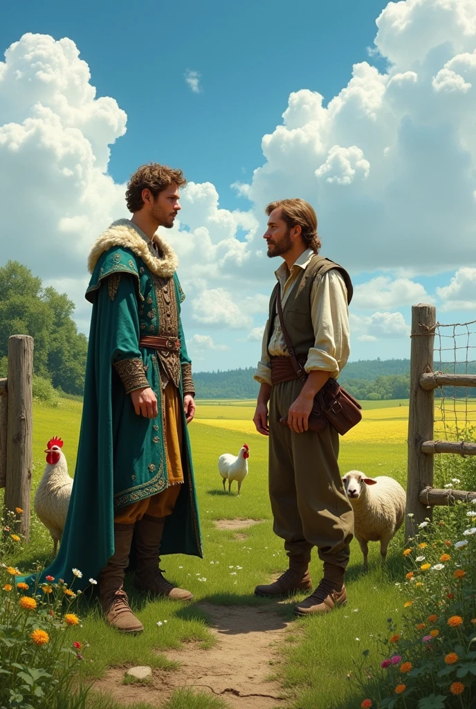 ( realistic ) Merlin is a young man using a rare clothes next to a farmer both in a farm and nature next to animals talking to each other 