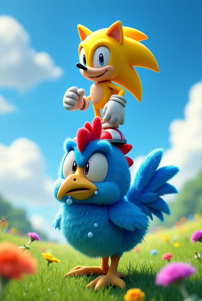 Yellow Sonic on top of the blue spotted chicken is the chicken crying