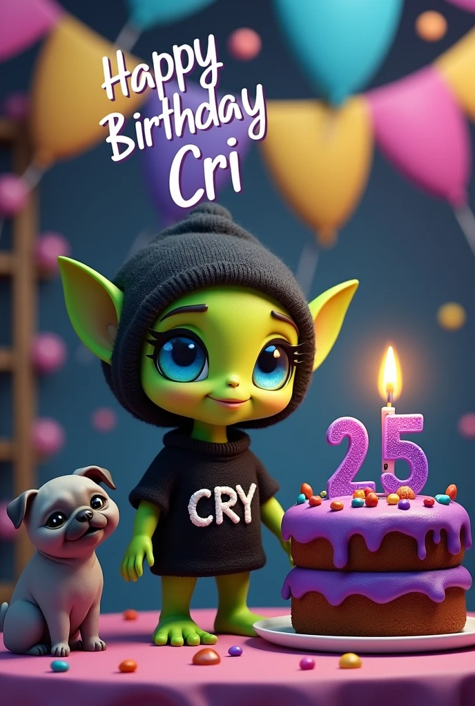 small green male alien, sonrriendo, with a tender face, blue eyes, dressed in a black beanie, Black t-shirt with the name CRY, with a purple cake with a 25th birthday candle, accompanied by a gray Sphynx cat and a pug dog, with large text at the top that says happy birthday Cri Cri, realistic, intricate details.