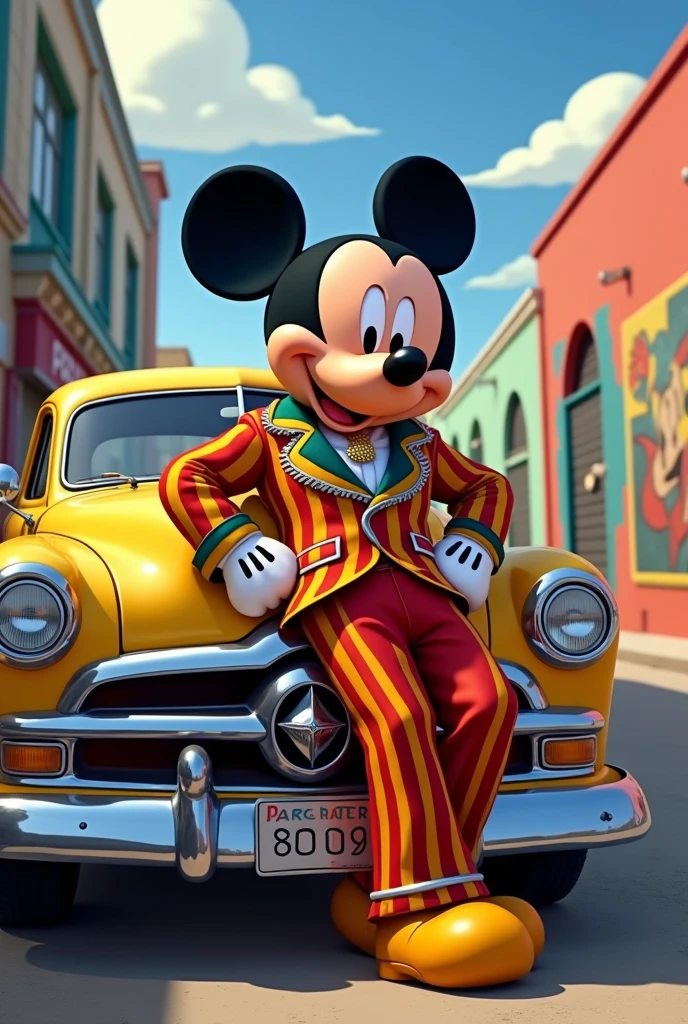 I need a full-body image of Mickey Mouse dressed as Pachuco but animated in Disney style, leaning with one arm on an old Ford.