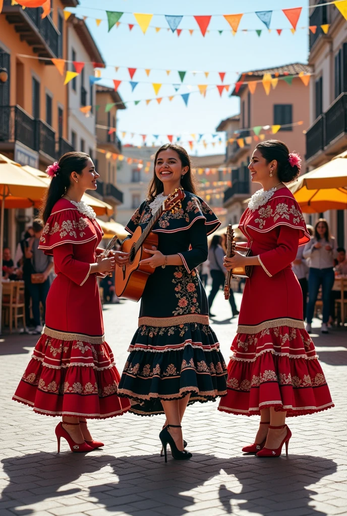 Mariachi made up of women dressed in  and high-heeled sandals standing full-body in a public square