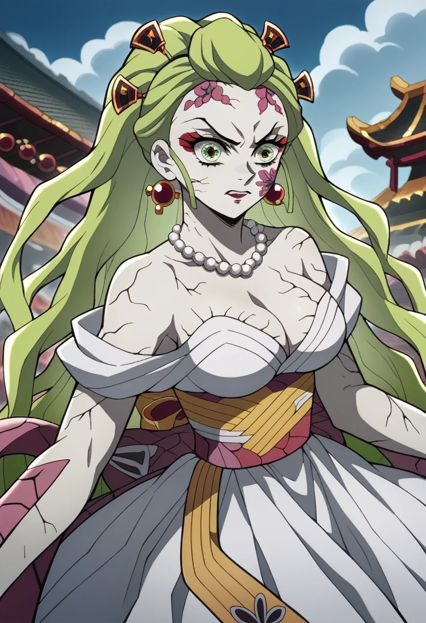 da_ki, white-green hair, cracked skin, as a royal bride wearing a stately and elaborate royal wedding dress of white satin and tulle adorned with huge ribbon bows, lace, frills, flounces, embroidery and jewels, with enormous puffed sleeves, an hourglass waist and a voluminous crinoline hoopskirt, bustle, and train, long white gloves, pearl necklace and earrings, elaborately curled and styled hair