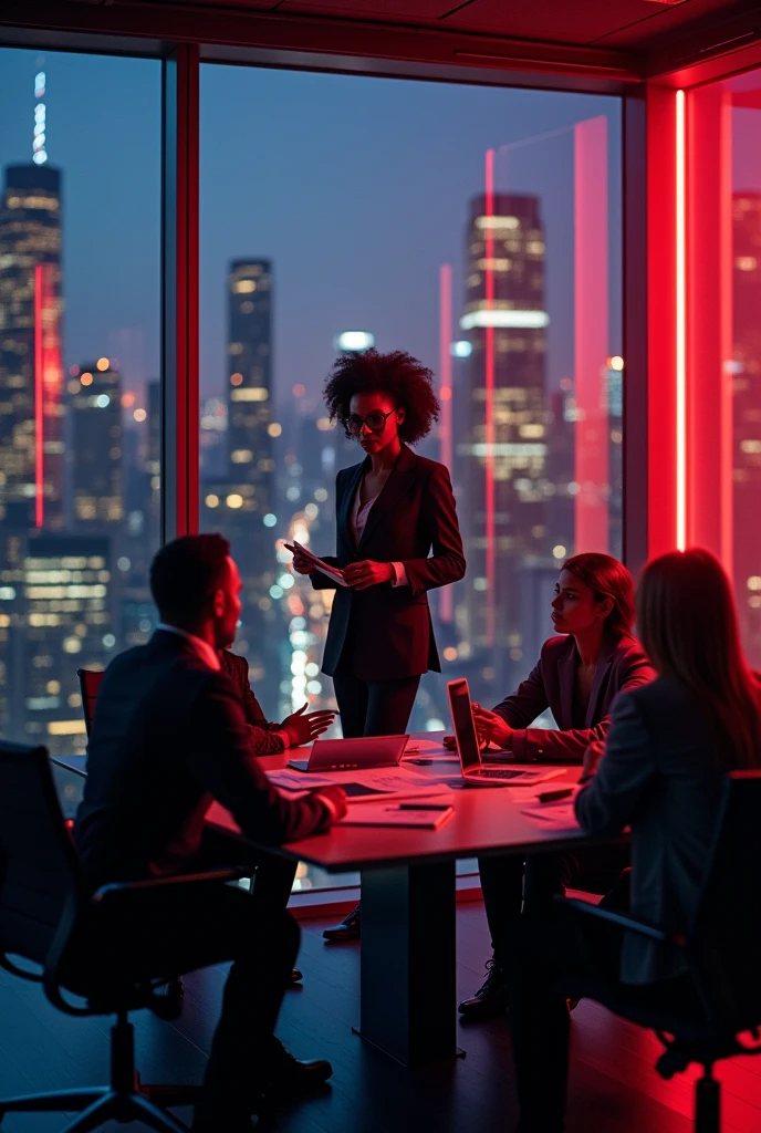 Cover Concept:
setting: A corporate office with a panoramic view of new york city, dark lighting with, red glasses, A powerful image of black women leading a team through complex logistics scenarios,
convey strength and leadership.