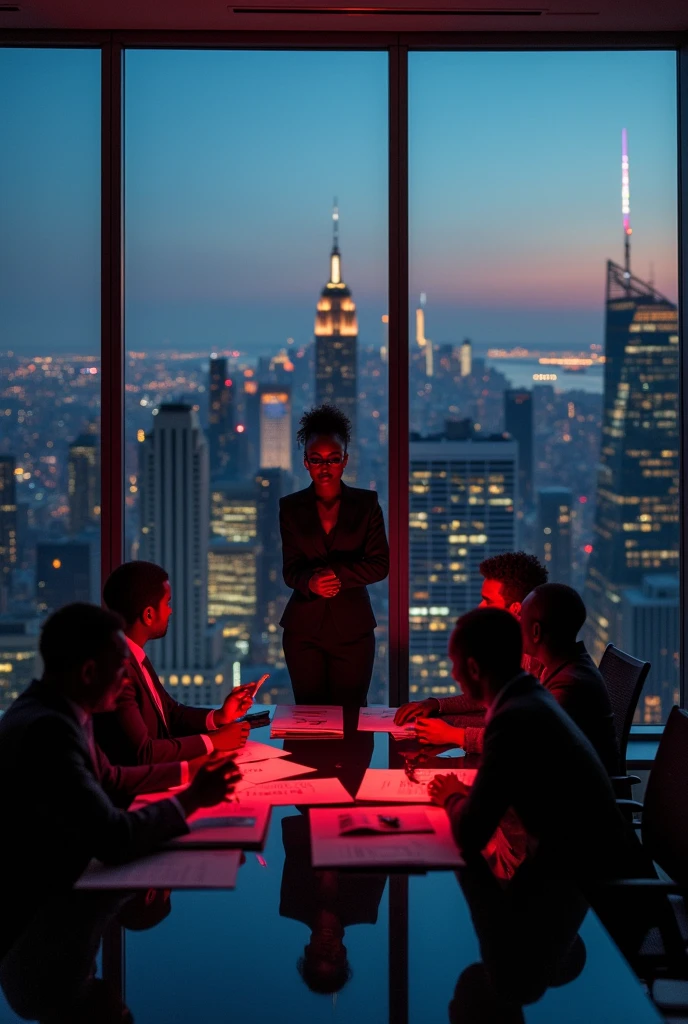 
Cover Concept:

setting: A corporate office with a panoramic view of new york city, dark lighting with,  red glasses, A powerful image of black women leading a team through complex logistics scenarios, 

convey strength and leadership.
