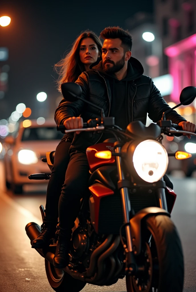 Dark-haired man riding a yamaha mt09 with his girlfriend on a night out on the town