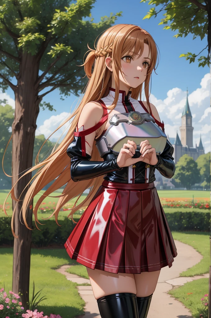 masterpiece, Best quality, a high resolution, absurdity, Ultra detailed, cute eyes, cute_hands,
aaaasuna, long hair, Brown hair, hair, Brown eyes, bare shoulders, armor, breastplate, black latex sleeves, cut off sleeves, red latex skirt, pleated skirt, crossing black latex stockings_fields, Castle, flowers, trees
 