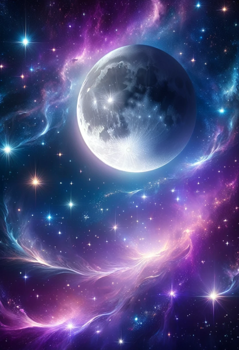 
                  The moon is surrounded by many, many glowing stars. The starry sky is twinkling and light trails are even brighter. Surreal scene. Beautiful stunning composition. Subtle shadows and highlights. Deep blue and purple tones. More color variations. Mysterious and vibrant. Tonal Action Painting Highly Detailed High Definition Cinematic Close Up Magical Fantasy Gorgeous Digital Art 