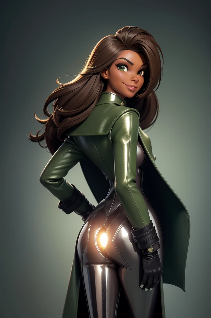 obra prima, melhor qualidade, ((only one woman,)) ((harris faulkner, dark black skin, light brown bob hair, mouth open smile, ecstasy expression,)) (((wearing shiny light green leather long overcoat,))) ((overcoat has padded shoulders, overcoat has stiff high collar,)) (((overcoat is totally closed and covers body,))) body is very skinny, ((standing up in sexy pose,)) ((camera back view of upper body, shiny ass,)) shallow depth of field, highres, HD, 8k, anatomically correct