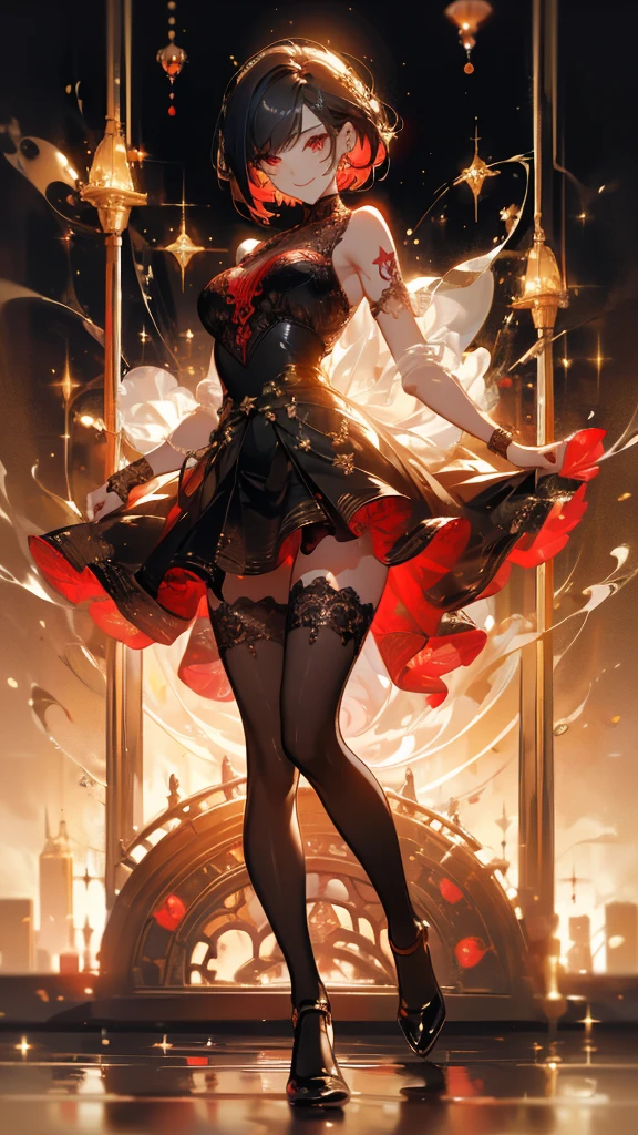 ((masterpiece, best quality)), Delicate face，Idol singer，City，earphone，Girl Group，whole body，Standing picture，Smile，Perfect body proportions，Long legs，Short hair handsome，Beautiful red glowing eyes，Extremely beautiful，transparent，Fun，sexly，Tattoo，Lace，Fishnet stockings，Star decoration