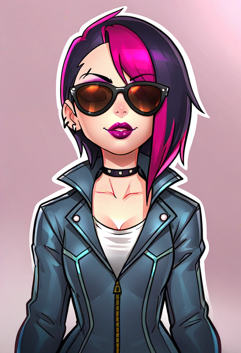 score_9, score_7_up, BREAK 1girl, solo, gwentd, two-tone hair, lipstick, portrait, jacket, sunglasses,