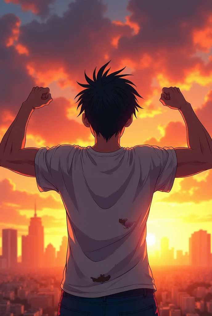 anime style drawing of a strong and powerful boy's face with his back and arms open with a realistic ripped t-shirt