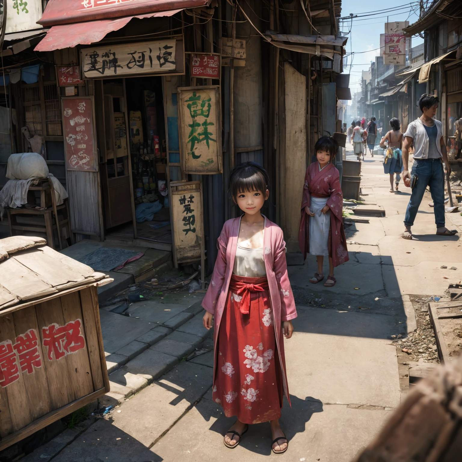 ((masterpiece、Highest quality))、Beautiful girls gather.、Three girls in summer clothes、clothes、(Showa Retro:1.2)、(Detailed and cute face:1.3)、(Poor conditions、Japan's poor neighborhoods、Dim and unsanitary、Standing Bar、みんなで楽しくdiet、Crumbling underground shopping mall)、屋台のdiet店、stage、sewage、Dirty shop、street vendors、Unsanitary and abandoned city、smile、diet、Poor person々