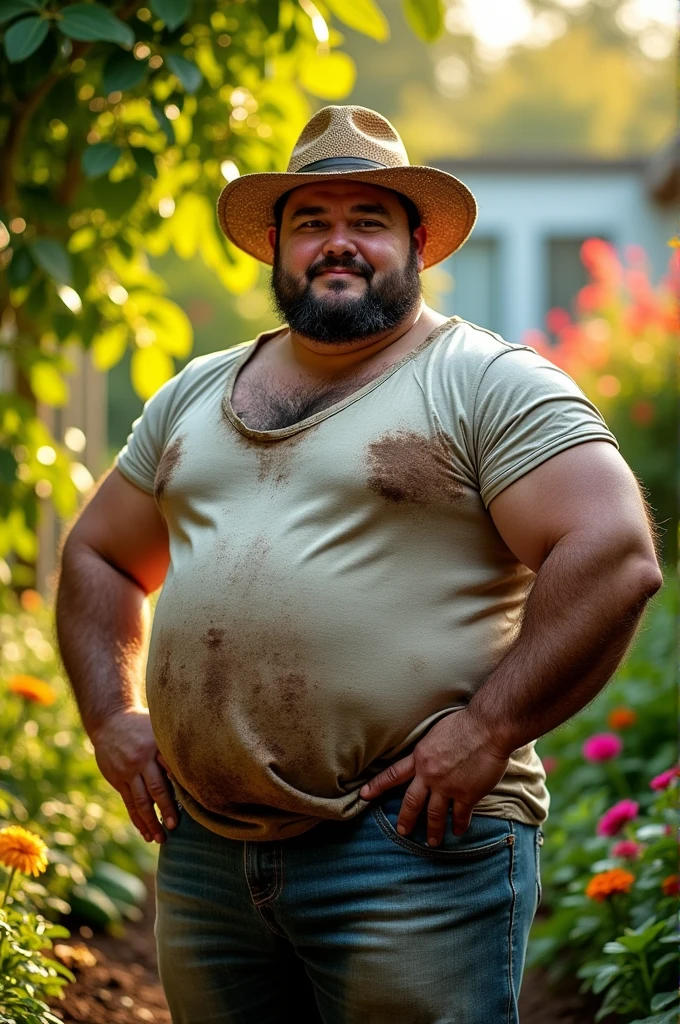 Very fat and dirty muscular gardener