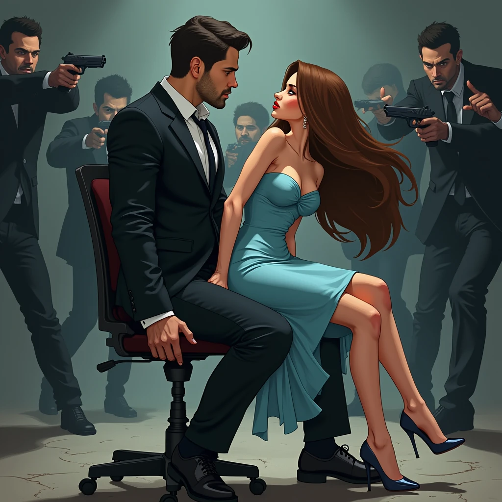 A woman with long, straight brown hair, with a light blue dress and light blue heels, she is in profile, desperately sitting astride the legs of a muscular and handsome man, He wears a completely black suit, who is sitting on a metal chair with his hands tied. In the background of a kidnapping site. A KIDNAPPED MAN, ON A METAL CHAIR WITH HANDS TIED, AROUND HIM THERE WERE PEOPLE SHOOTING WITH GUNS, SHE IS SITTING ON HIS LEGS TO PROTECT HIM FROM THE GUNS. profile picture. animated art 