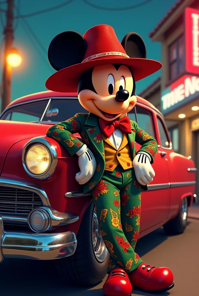 I need a full-body image of Mickey Mouse dressed as Pachuco but animated in Disney style, leaning with one arm on an old Ford. for a tattoo