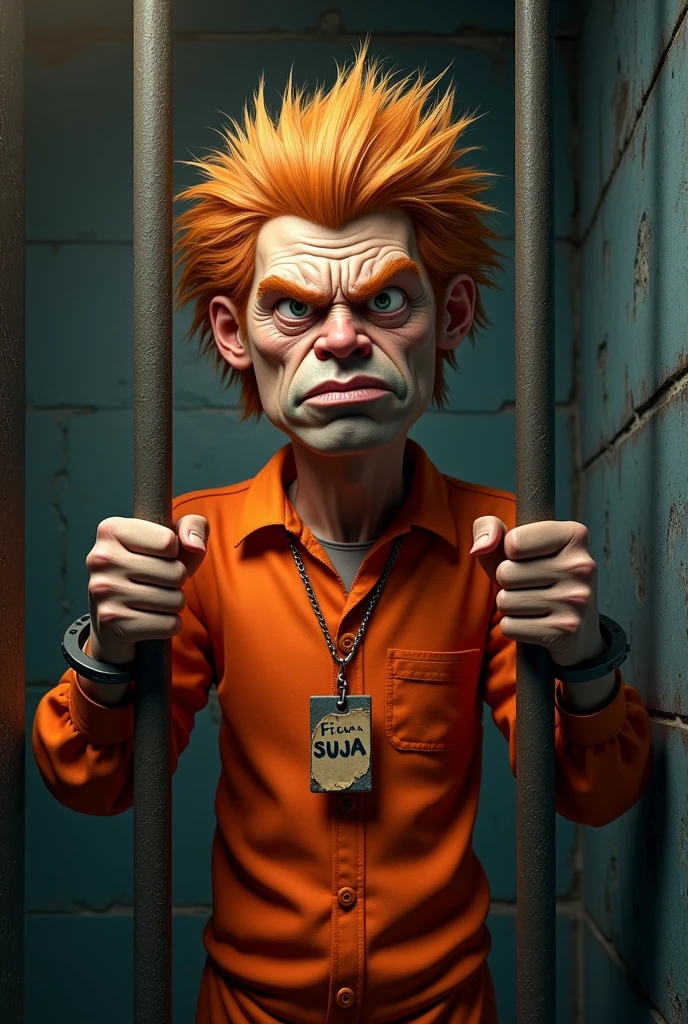 Create a 3D-style election flyer featuring an animated, fictional character representing a disgraced politician who is a known thief and has been imprisoned. The character should be a stylized, non-realistic figure dressed in an orange prison jumpsuit, with a disheveled appearance and an angry or desperate expression. The character should be depicted behind bars, gripping the metal bars of the prison cell, emphasizing their confinement. The design should make a clear reference to a "Ficha Suja" (dirty record) politician, with elements like handcuffs, a prison number tag, or a criminal record file subtly incorporated into the scene. The background should be dark and grim, with the cold, harsh environment of a prison, reinforcing the sense of punishment and downfall. The overall style should be modern, impactful, and visually striking.

Size: 1024x1792 (vertical format)