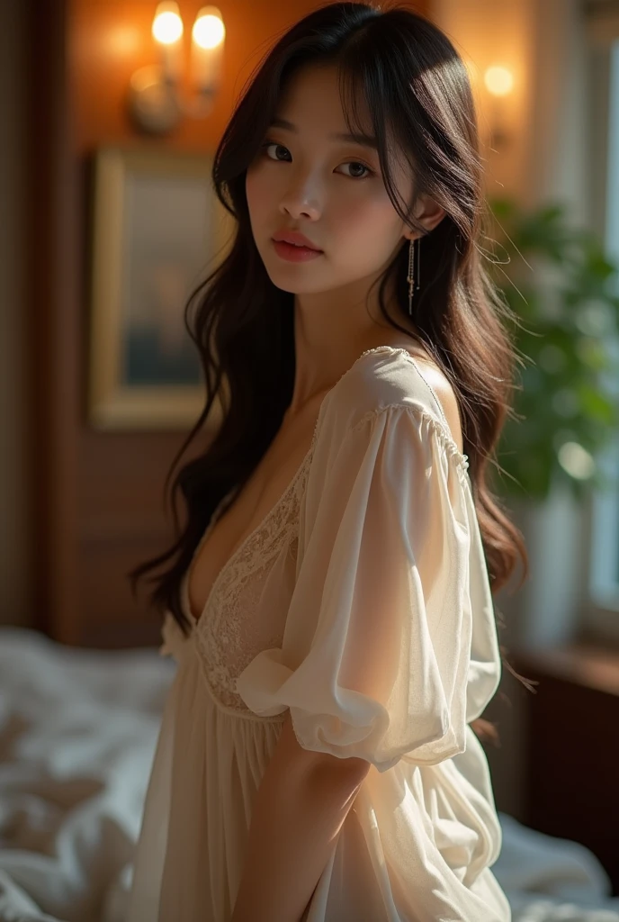 a close up of a woman in a white dress sitting on a window sill, wearing a nightgown, open v chest clothes, smooth white tight clothes suit, wearing white pajamas, beautiful south korean woman, nightgown, korean women's fashion model, gorgeous young korean woman, lovely woman, young sensual graceful, white silky outfit, wearing white silk robe