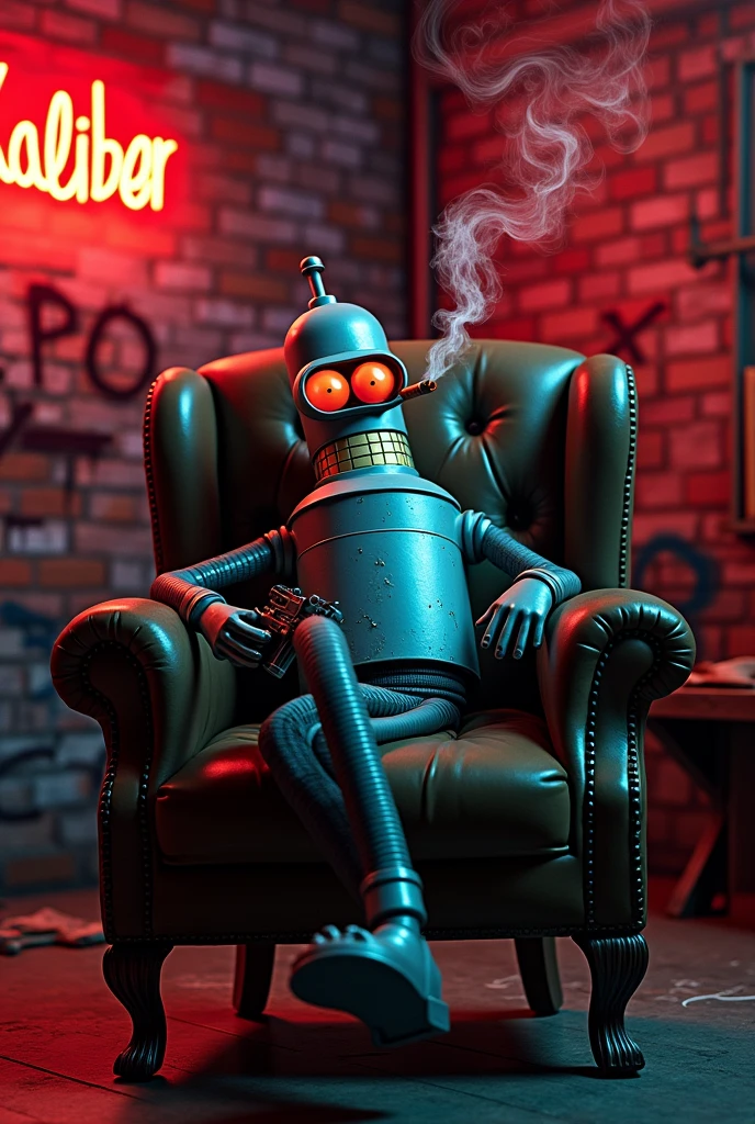 Bender from futurama smoking a cigar with a pistol sitting in a chair with the word “Kaliber” at the bottom
