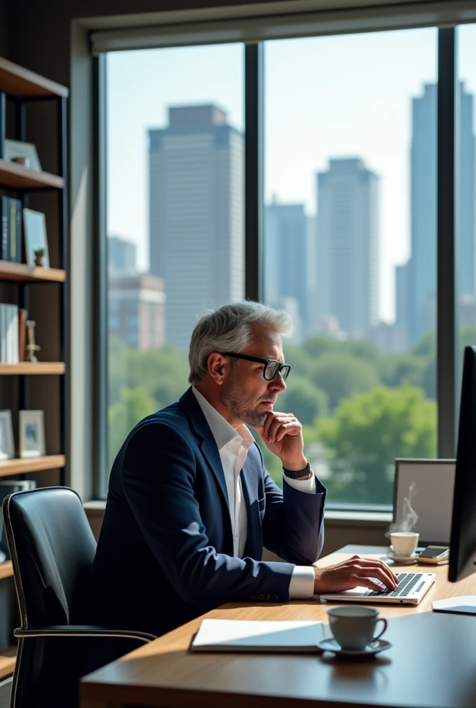 create an image with this A modern man (A wise man) working in an office with a computer.