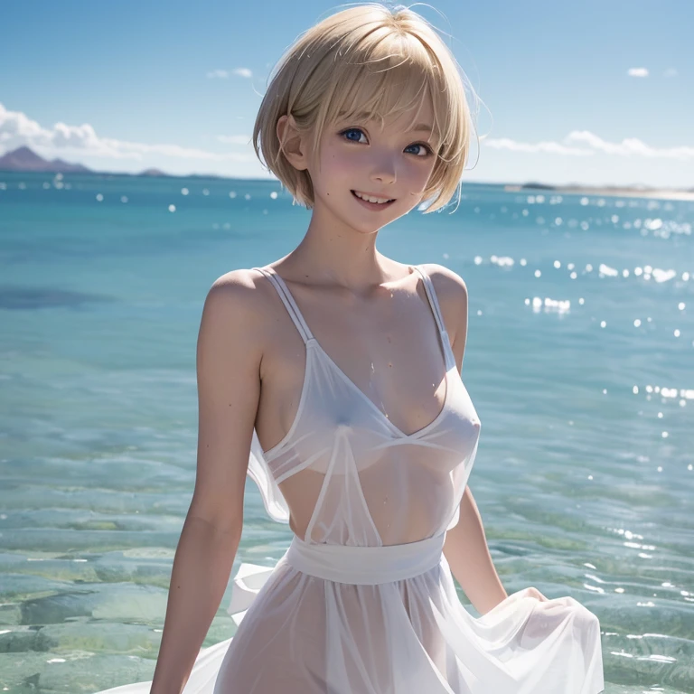 (Elementary school girl..Height is 120 cm.Beautiful white skin.Slim body.Hanging eyes.Blonde.Pixie Cut.Beautiful Blue Eyes.Tight waist.very small breasts.Beaareola.ふっくらとしたNippe skin is radiant and glowing).(A tight, see-through white dress.Not wearing underwear.Your clothes are wet.Nipples).(1 person.Uyuniake.Are standing.Hands clasped behind back.Hair fluttering in the wind.My whole body is wet with water.Look at me and smile)Perfect Face.High resolution.It's dynamic