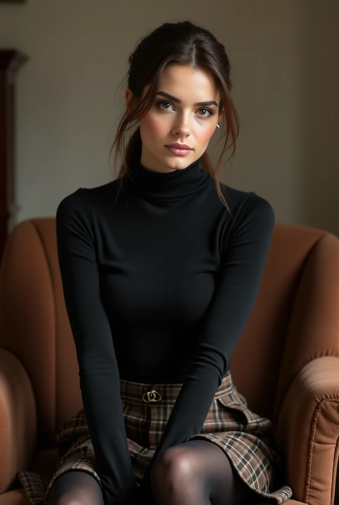 brown hair color、hair pulled back、ponytail、cute face、 she wears a turtleneck and a skirt.、she has black eyes、black pantyhose、sitting on a chair、crossed legs、wearing  boots、adult german woman、full body portrait、indoor. Show her cleavage,