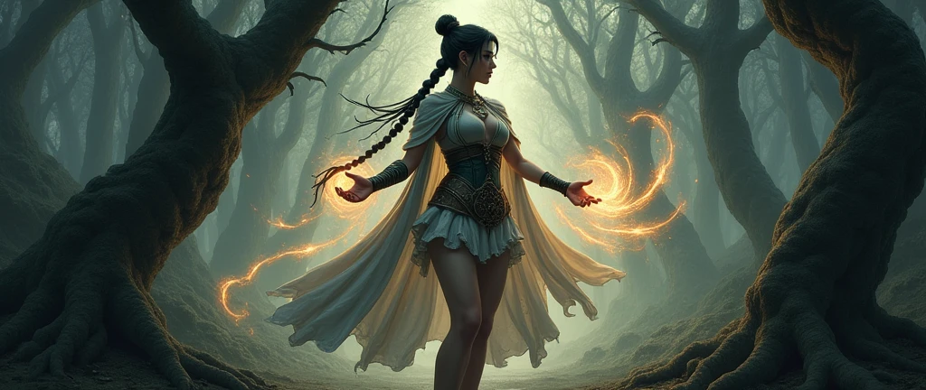 An elven mage with the appearance of Chun-Li, in a gloomy dark forest. She wears her iconic bun and braid hairstyle, with a flowing cape and a short battle dress decorated with mystical symbols. Ribbons of magical energy wrap around her arms as she casts a spell in the air. The atmosphere is dark and mysterious, with twisted branches and deep shadows. The image is in an art style, imitating a classical painting, with soft brushstrokes and a focus on visual aesthetics, creating a sense of mysticism and power
