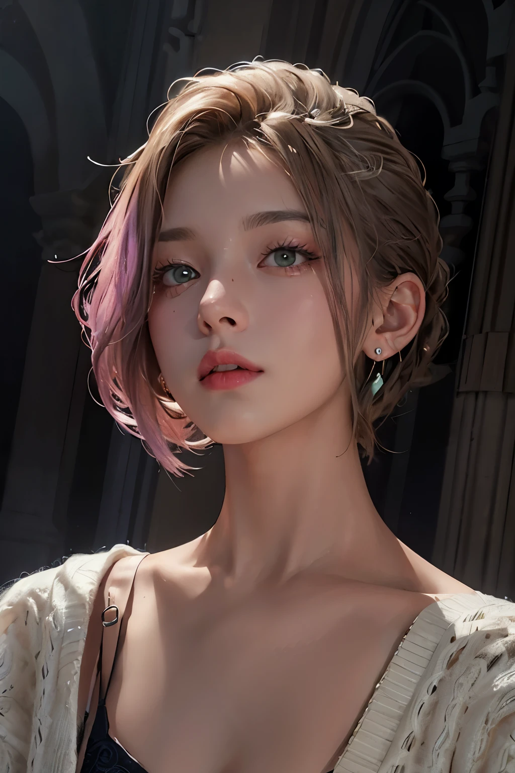 best qualtiy,tmasterpiece,Ultra-high resolution,(realisticlying:1.4),RAW photogr,beautiful photograph (N4T3 mm:0.99), A 18-year-old woman, Small and beautiful, standing on your feet,cabellos largos dorados, 耳Nipple Ring,choker necklace,Issuing,Coffee-colored cardigan sweater,Lilac slip dress long dress,Light green wedding dress,Solid color panties,Bare legged,long leges,high-heels,Big wind,In the daytime, beachside,Beautiful nipples,Are thin,Flat ,Small breasts, (Masterpiece:1.2) ,(Photorealistic:1.2) (bokeh), (Best quality) ,(Detailed skin:1.2), (Intricate details), (In the daytime) ,(32K) (hdr) (Cinematic lighting), (Sharp focus), (Looking at the camera:1.1), ((closeup portrait:1.2)), (Earrings),
