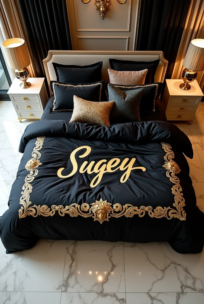 Extra large bed and black Versace king size duvet with Sugey&#39;s name in gold on ivory marble floor.