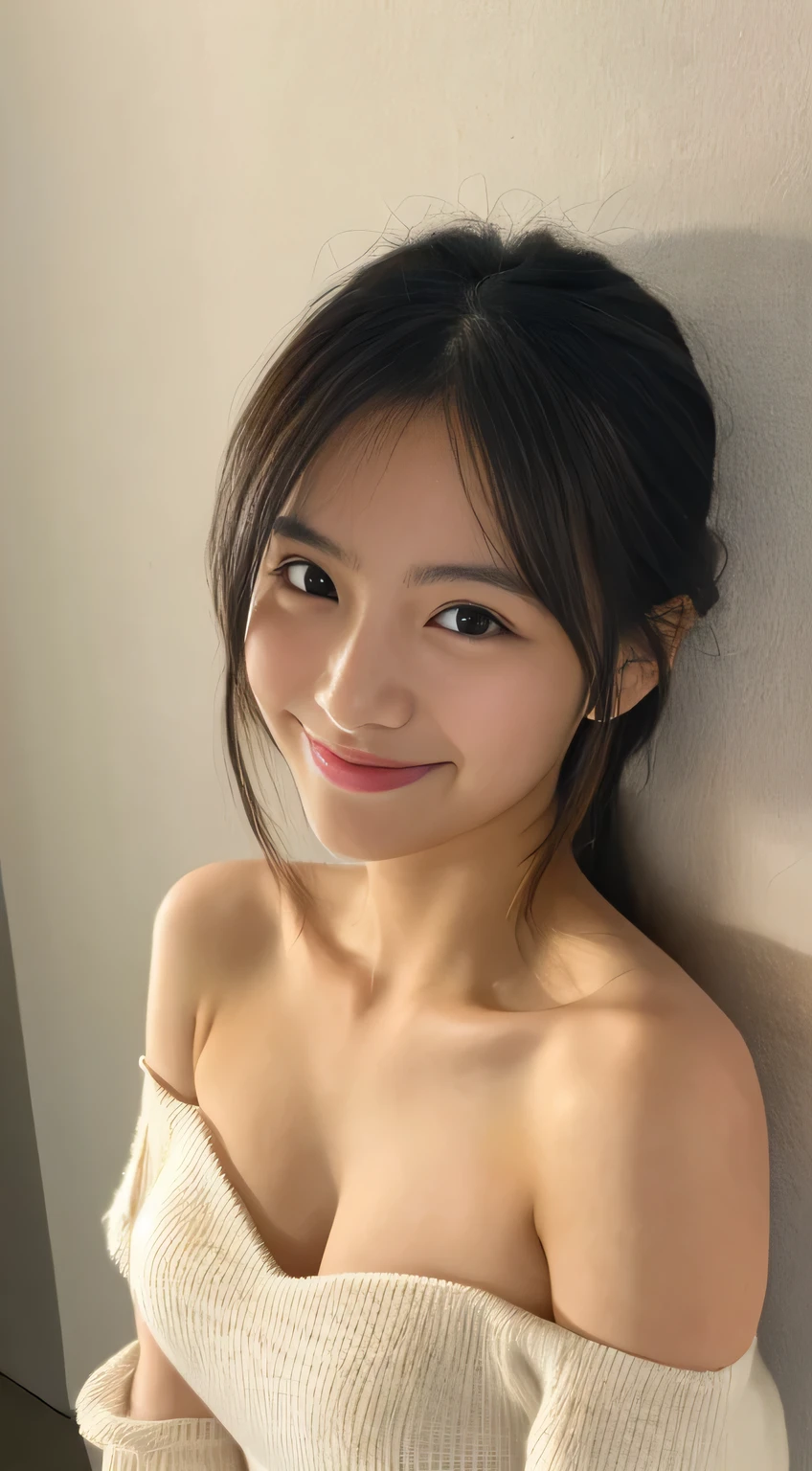 masterpiece,best quality,(Japanese girl),((Beautiful girl)),cleavage,(off shoulder:1.2),(perfect body beauty:1.2),(shy smile),From above