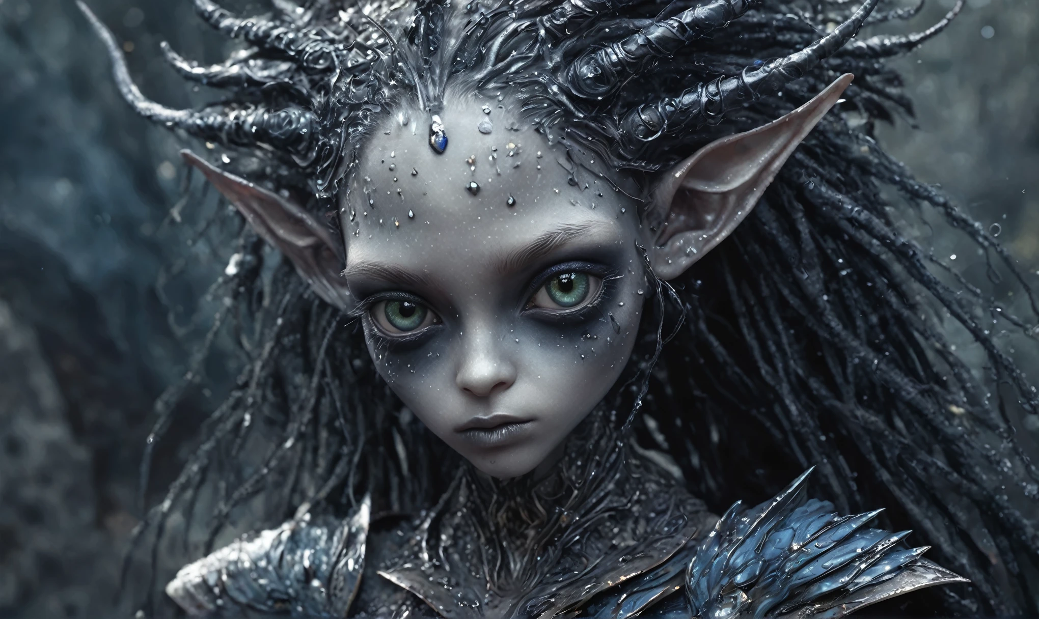 pretty face,eyebrow up,full body length shot,obsidian elf,full body length shot,very beggar niobium graphite The Alien Entity, babychild, wants eat,full body shot, of psychedelic style ,The iris looks weird, attractive, The stars in space is reflected in the pupil, goose down eyelashes, long wavy luminescent hair,insane baggy clothes,view from height,full-body-shot,High contrast,Masterpiece,Realistic,Ultra Detailed,intricate details,realistic humid skin,extremly intricate,realism,photorealism, cinematic style,irina yermolova,HDR,((Wangechi Quality)),ominous landscape,glate gray atmosphere,by art Simon Stalenhag,Nicola Samori,(((Wangechi Mutu))),prime colors,urban,extremely detailed,masterpiece,intricate details,faded,eyes extremely detailed, high detailed eyes,4k resolution,RAW, Nikon Z9,scary town,stalker,goblin,Dubai of United Arab Emirates,Mestichino,Light particles,marble leather ,ink photography ,Mestichino,Light particles,chaos