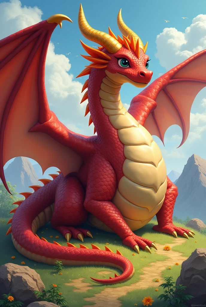 He's a dragon, his horns are gold, his coveted gold, his body is red, he's too fat, he's fatter, he's fatter, he's fatter, he's fleshy, he's round enough to touch the ground, he's bigger than a mountain He's got wings and he's got a fat belly
The neck is covered all over and very fat. The fattest. It is bigger than a mountain and bigger than an island