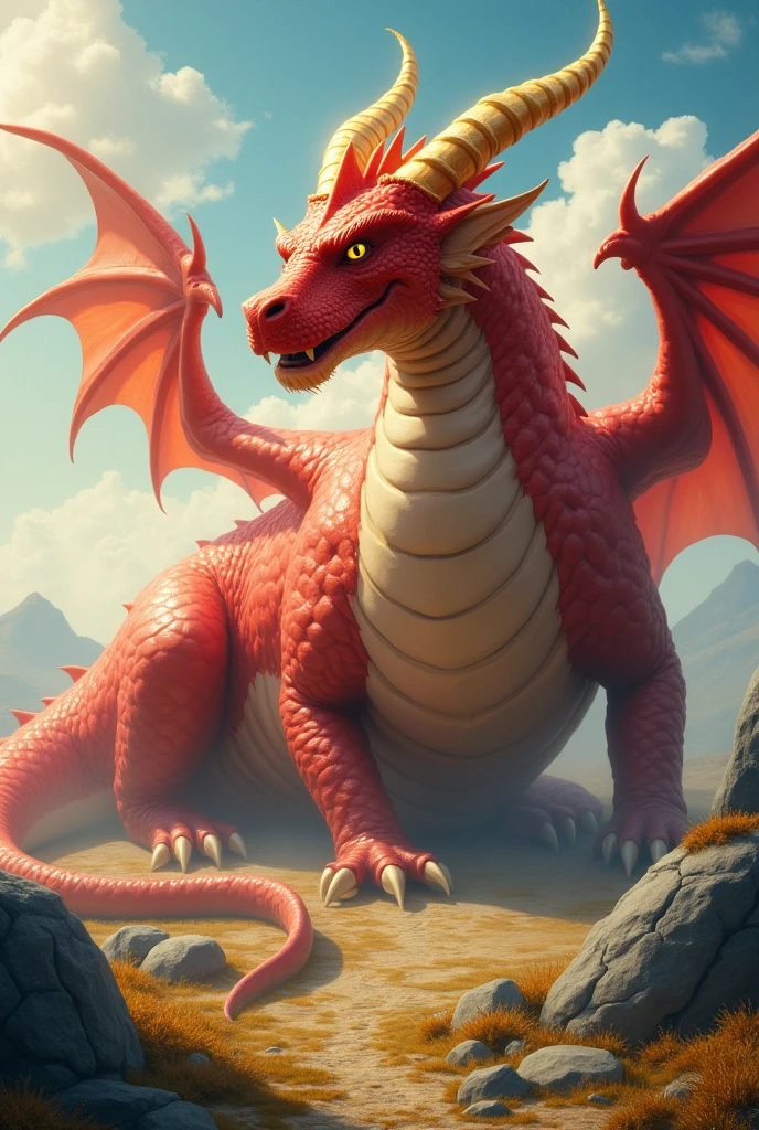 He's a dragon, his horns are gold, his coveted gold, his body is red, he's too fat, he's fatter, he's fatter, he's fatter, he's fleshy, he's round enough to touch the ground, he's bigger than a mountain He's got wings and he's got a fat belly
The neck is covered all over and very fat. The fattest. It is bigger than a mountain and bigger than an island