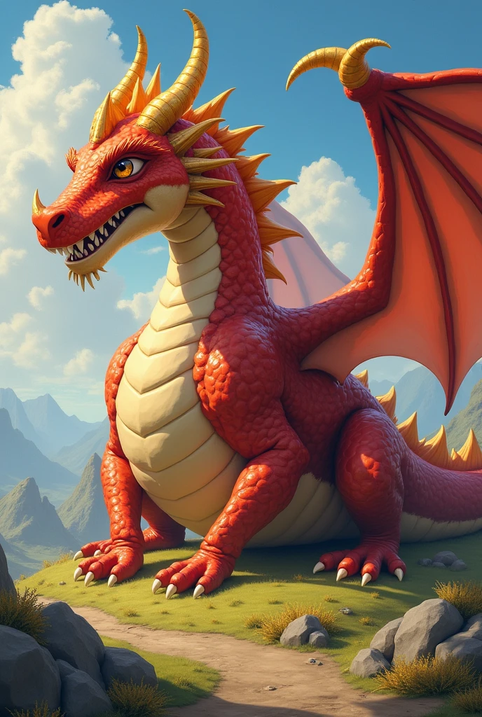He's a dragon, his horns are gold, his coveted gold, his body is red, he's too fat, he's fatter, he's fatter, he's fatter, he's fleshy, he's round enough to touch the ground, he's bigger than a mountain He's got wings and he's got a fat belly
The neck is covered all over and very fat. The fattest. It is bigger than a mountain and bigger than an island