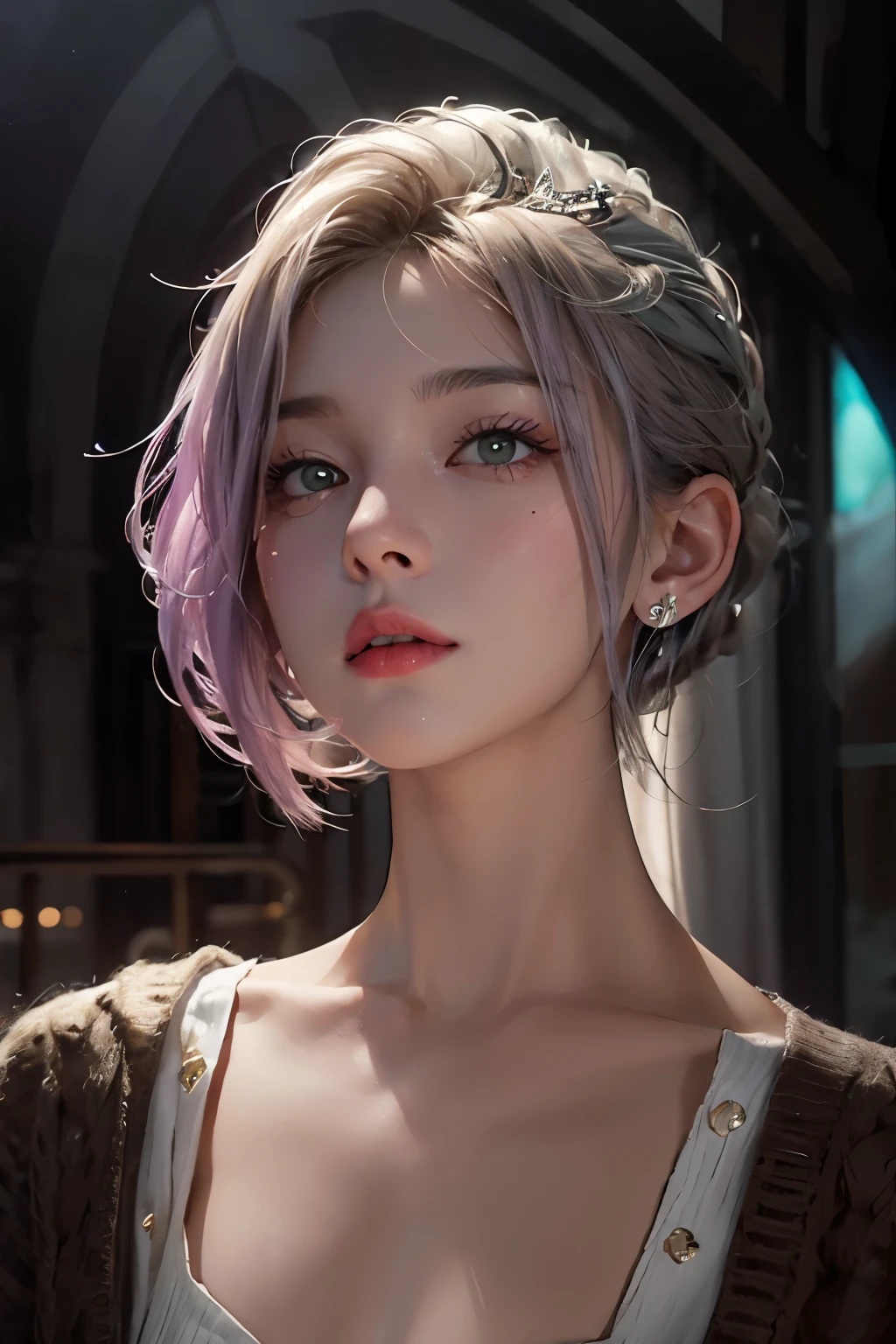 best qualtiy,tmasterpiece,Ultra-high resolution,(realisticlying:1.4),RAW photogr,beautiful photograph (N4T3 mm:0.99), A 18-year-old woman, Small and beautiful, standing on your feet,cabellos largos dorados, 耳Nipple Ring,choker necklace,Issuing,Coffee-colored cardigan sweater,Lilac slip dress long dress,Light green wedding dress,Solid color panties,Bare legged,long leges,high-heels,Big wind,In the daytime, beachside,Beautiful nipples,Are thin,Flat ,Small breasts, (Masterpiece:1.2) ,(Photorealistic:1.2) (bokeh), (Best quality) ,(Detailed skin:1.2), (Intricate details), (In the daytime) ,(32K) (hdr) (Cinematic lighting), (Sharp focus), (Looking at the camera:1.1), ((closeup portrait:1.2)), (Earrings),