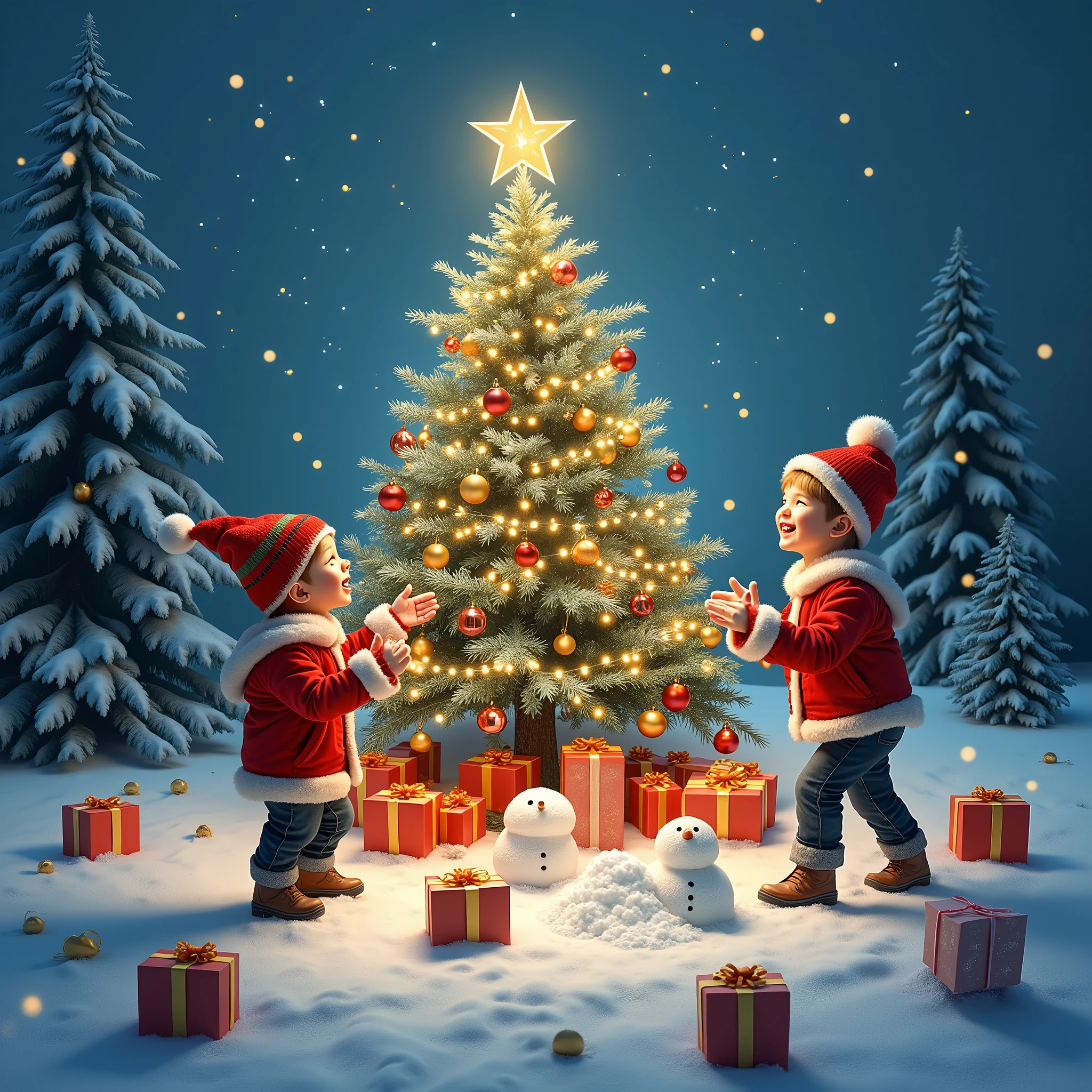 a joyful christmas celebration, christmas tree, presents, snowman, snow-covered landscape, sparkling lights, children playing in the snow, festive decorations, (best quality,4k,8k,highres,masterpiece:1.2),ultra-detailed,(realistic,photorealistic,photo-realistic:1.37),intricate details,warm lighting,vibrant colors,festive atmosphere,magical winter wonderland