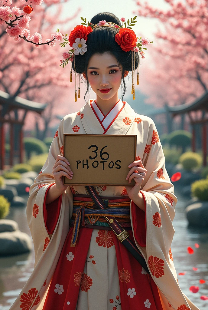 a geisha warrior,Grinning, holding a written sign: 36 Photos