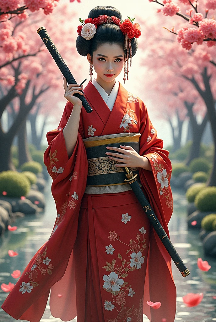 a geisha warrior,Grinning, holding a written sign: 36 Photos