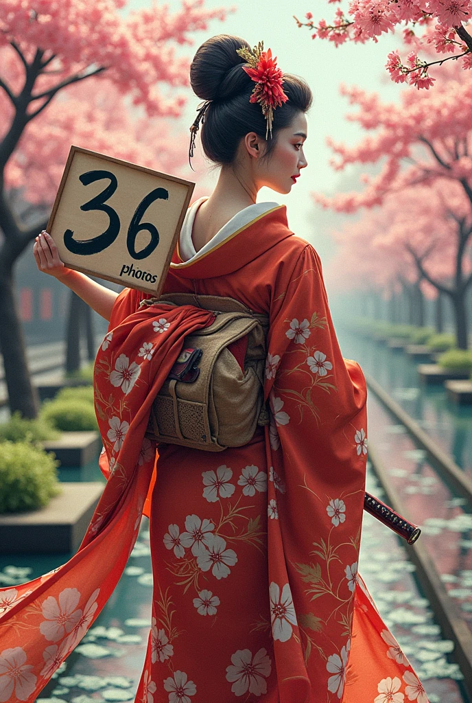 a geisha warrior,Grinning, holding a written sign: 36 Photos