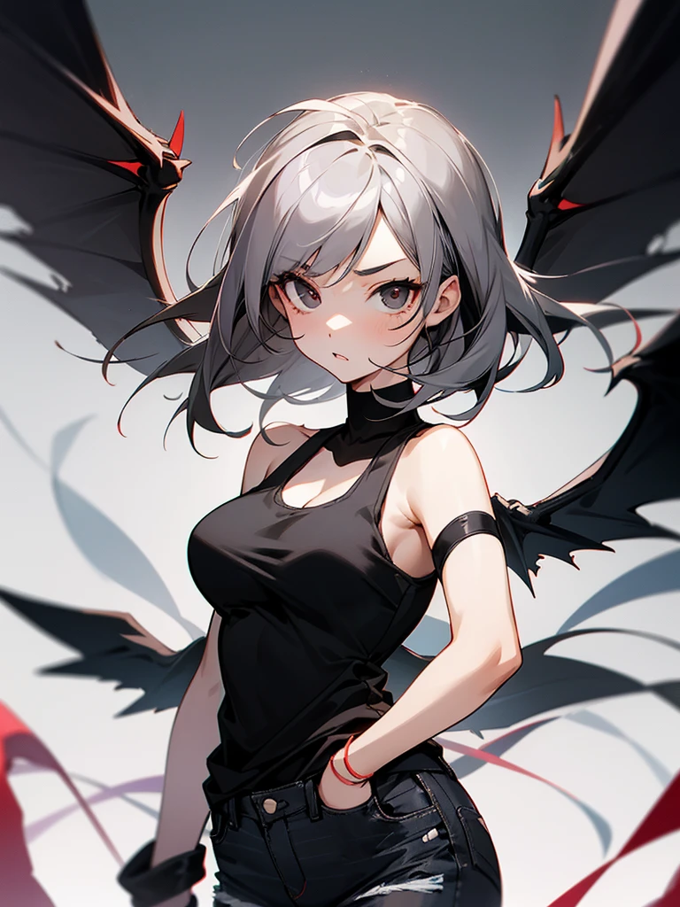 Create an anime style image with these features:a teenage girl with grey hair with black highlights down to her neck and a little longer, black tank top with big breasts black mini jeans, Two-tone red and black eyes, with demon wings