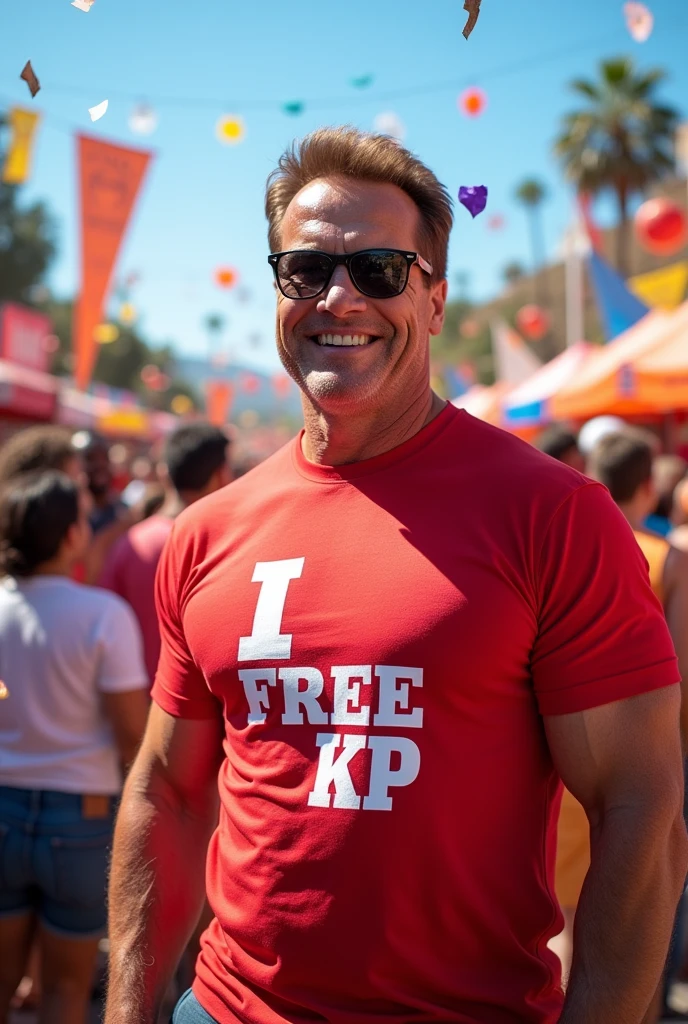 Arnold Schwarzenegger with a shirt written "I love Free KP"