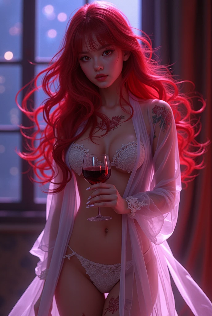unparalleled masterpiece, ultra realistic 8k CG,masterpiece,pov,1girl, young,cute,solo, super fine illustration, an extremely delicate and beautiful, 8K, a demoness holding a huge crystal glass with red wine,large breast,underboob,covered nipples,covered navel,O-face, red hair, golden eyes, see-through white robe, thighlet, armlet,(purple atmosphere:1.1), (red tattoo:1.1), (pure red tone:1.1), illustration, (anime coloring:1.1), (intricate:1.1),