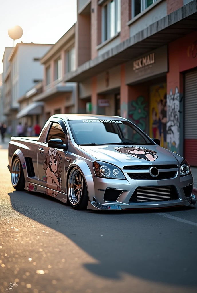 Chevrolet Montana Corsa Pick Up Truck Year 2007 Tuning with Anime Woman Paint Sexy Maid Outfit on Door and Offset Rims and Silver Racing Body Kit